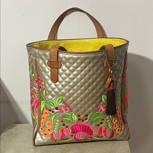 Consuela Quilted Silver Tote with Floral Embroidery
